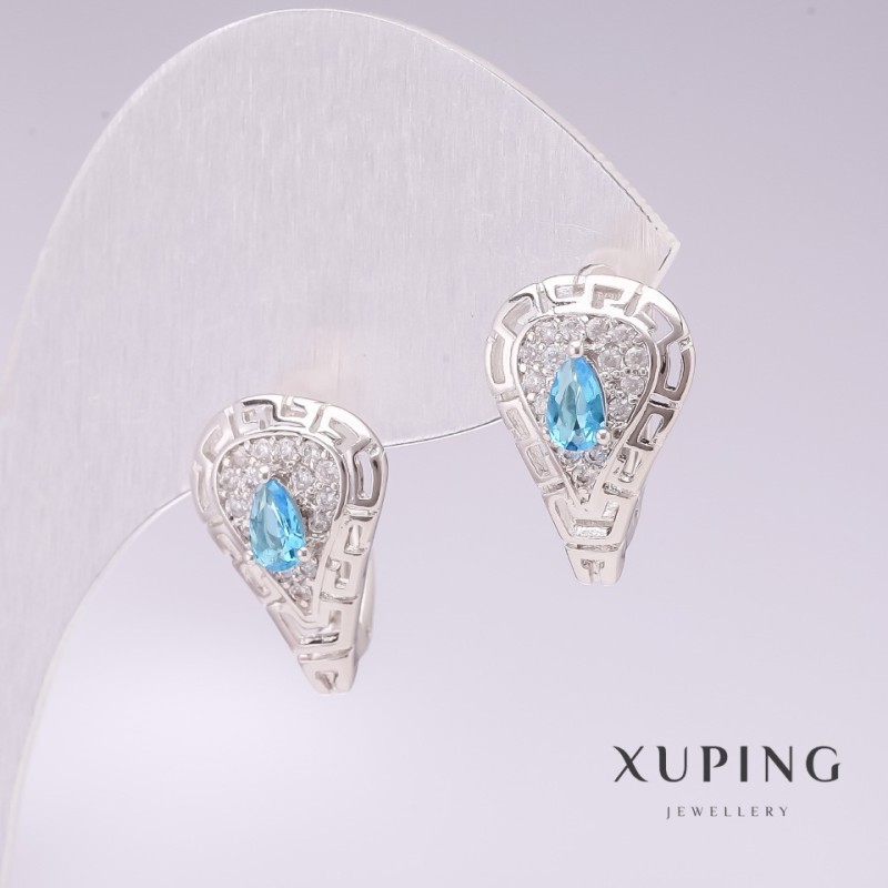 Xuping Rhodium-Plated Earrings with Blue Stones and White Rhinestones, 11x17 mm