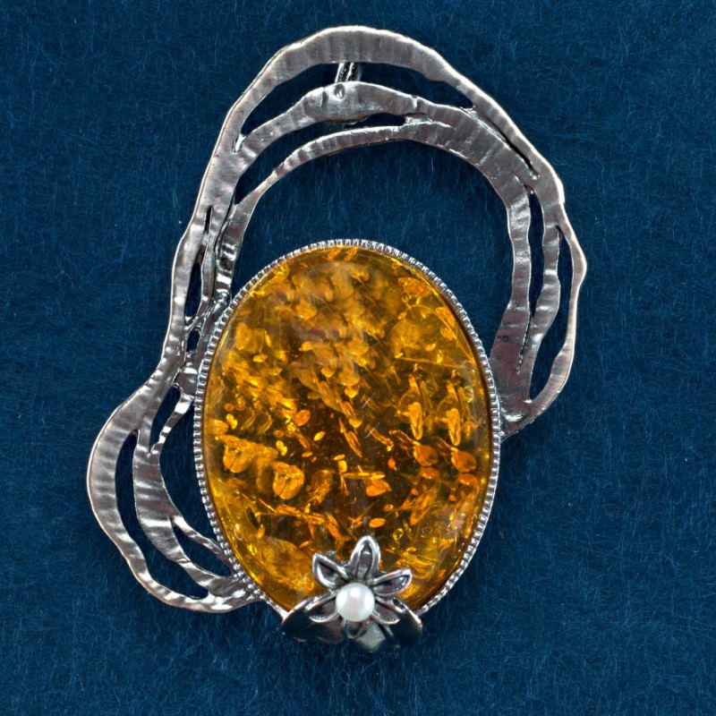 Forged brooch with amber cabochon (imitation) Gray metal 61x45 mm
