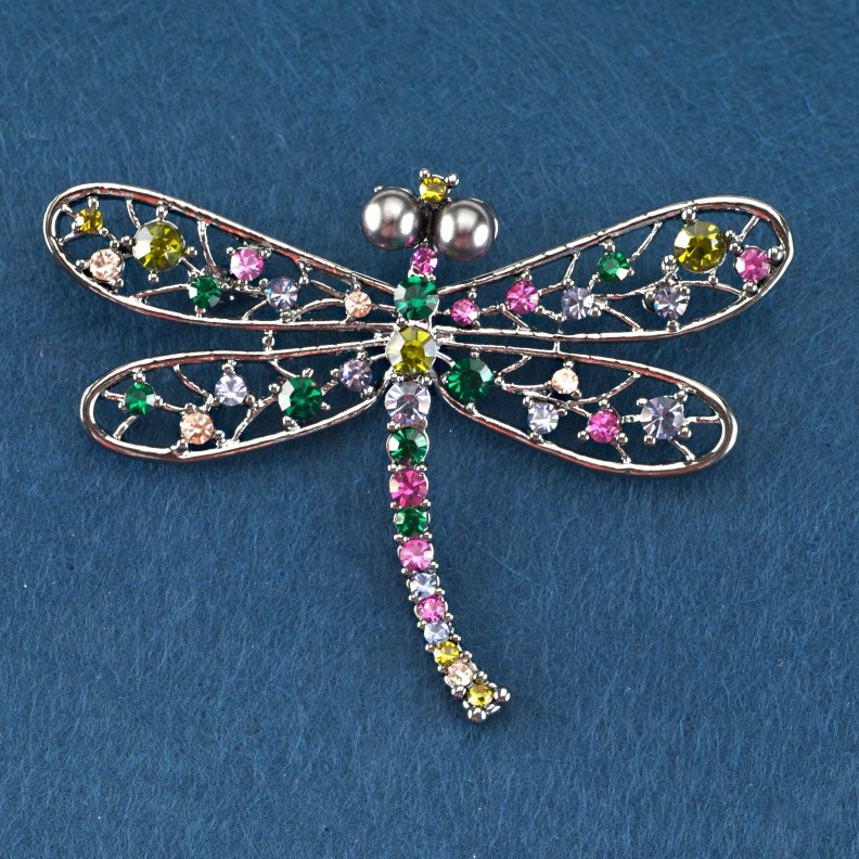 Dragonfly Brooch with Multicolored Rhinestones, Gray Metal, 70×52 mm