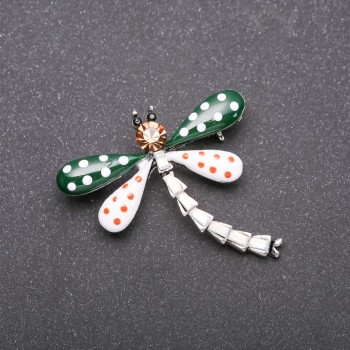 Brooch Dragonfly in Polka Dots, Green and White Enamel, Gray Metal, 40x40mm