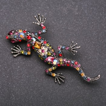 Lizard Brooch in Multicolored Rhinestones Gray Metal 66x34mm