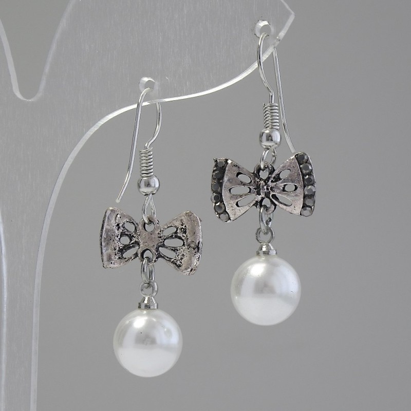 Bow Earrings with pearls (imitation) and crystals (silver-tone metal) 3.7 x 1.5 cm