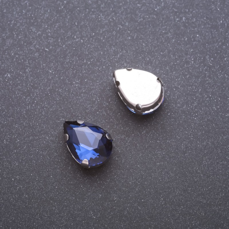 Price per pack / 10 pcs. Sew-on crystal in cap, drop 10×14mm blue