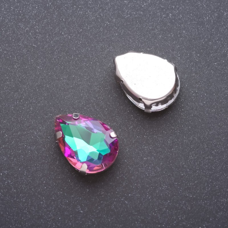 Price per pack / 10 pcs. Sew-on crystal in cap, drop shape, 13×18 mm, raspberry-green