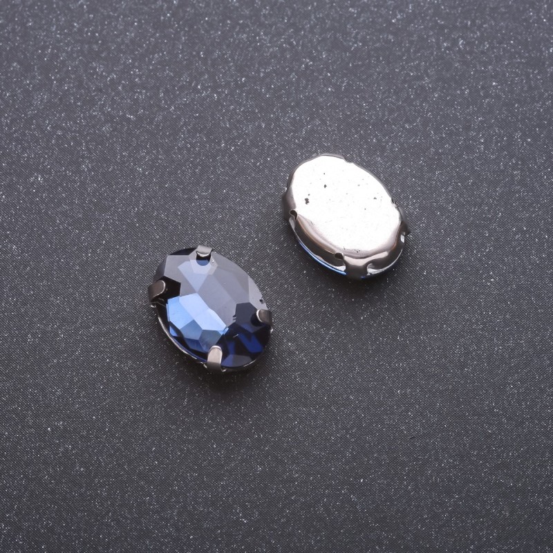 Sew-on crystal in cap setting, oval 10×14 mm blue