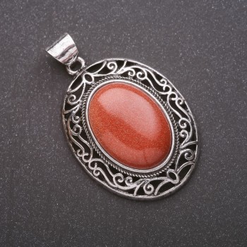Pendant with natural aventurine stone (synthetic) "Golden Sand" in antique-style setting 33×40×52 mm