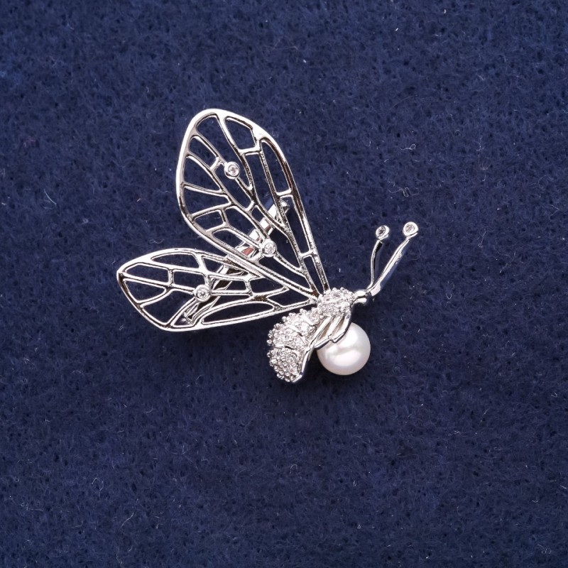 Discount! Butterfly brooch with white crystals in Swarovski style 30x28mm white metal