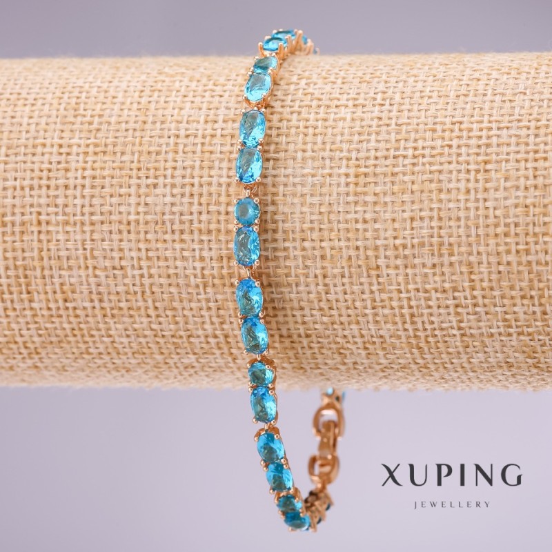 Xuping bracelet with blue stones, 4 mm thick, 18-20 cm length, gold-plated with extension chain