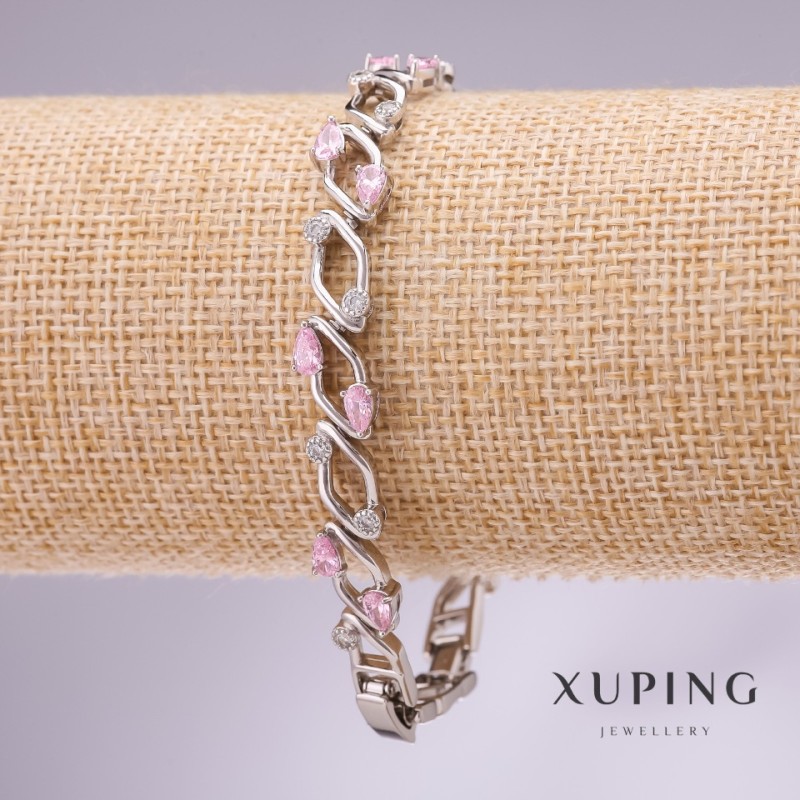 Xuping bracelet with pink stones, 9 mm thick, 17-19 cm long, rhodium-plated with extender chain