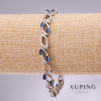 Xuping Bracelet with Blue Stones, 9mm Thick, 17–19 cm Length, Rhodium-Plated with Extender Chain