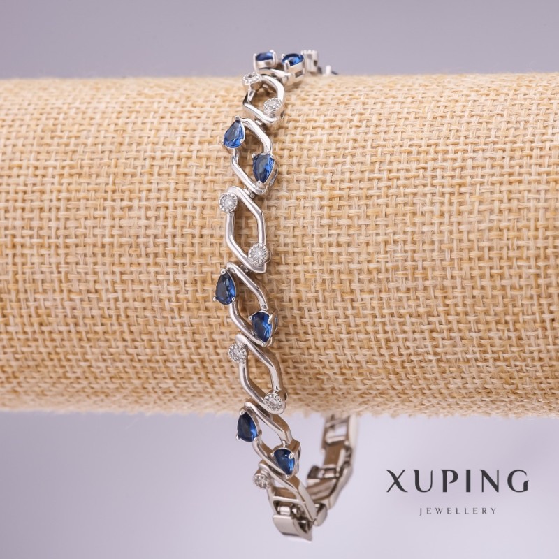 Xuping Bracelet with Blue Stones, 9mm Thick, 17–19 cm Length, Rhodium-Plated with Extender Chain