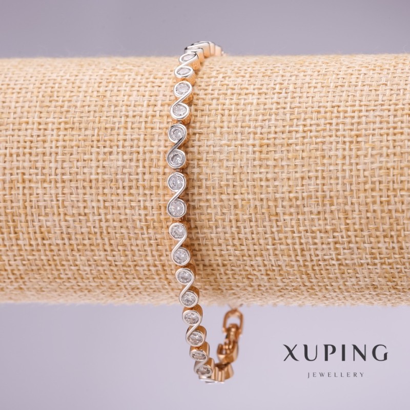Xuping Bracelet with White Stones 'Infinity', 4mm Thick, Length 17-19 cm, Gold-Plated with Extension Chain