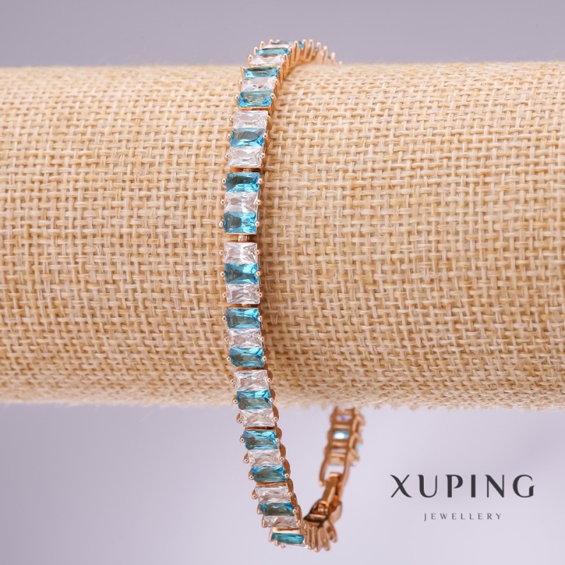 Xuping Bracelet with Blue and White Stones, 6.5 mm Thick, 17-19 cm Length, Gold-Plated with Extension Chain