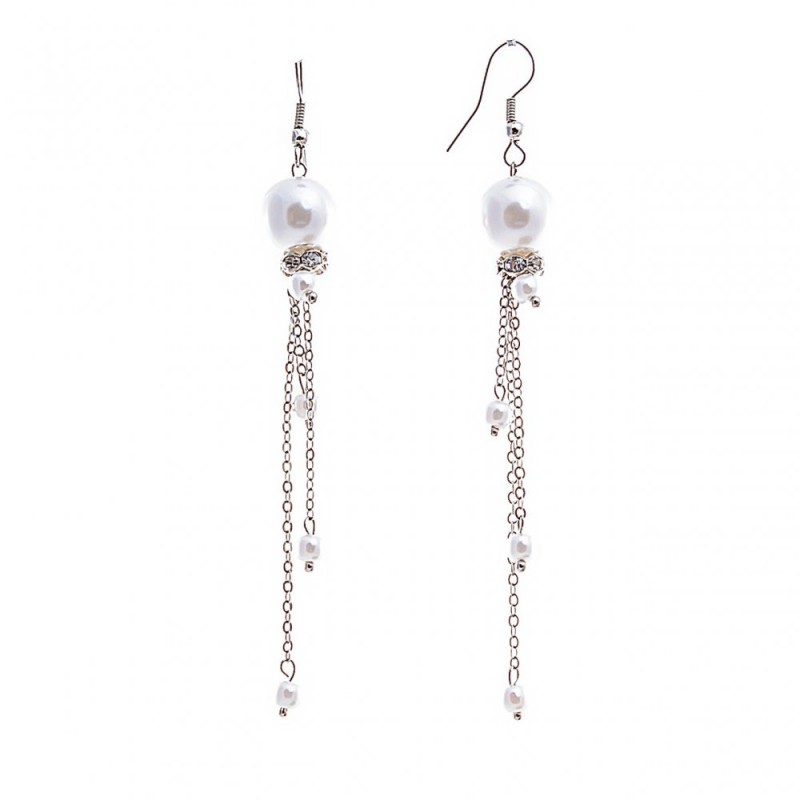 Drop earrings with white pearls (them) and rhinestones on chains, silver-tone metal, 95mm