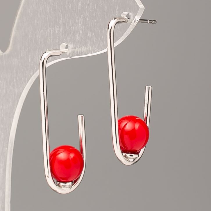 Xuping Earrings with Red Majorca Bead, 34x8 mm, Rhodium-Plated