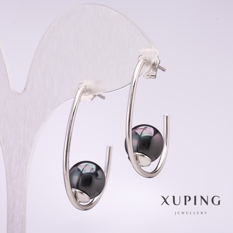 Xuping Earrings Clip with Black Mallorca Bead 33x10mm Rhodium