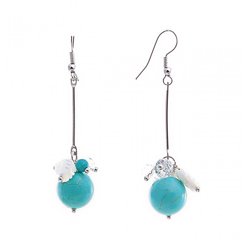 Dangling Earrings with Turquoise (Pressed) and Colored Beads on Wire, Silver-Plated Metal, 55mm