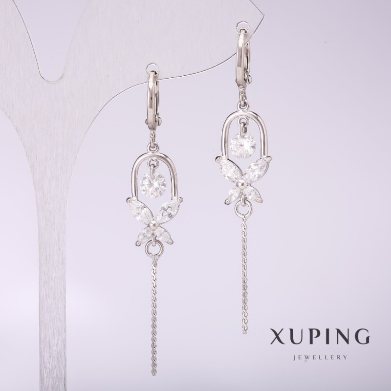 Discount! Xuping Earrings with White Stones, Rhodium 55x10mm