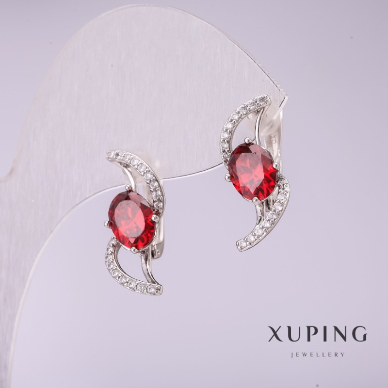Xuping Earrings with Red Stones, 21x8 mm, Rhodium-plated