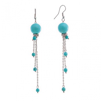 Dangle earrings with blue turquoise (pressed) and rhinestones on chains, silver-plated metal, 95mm