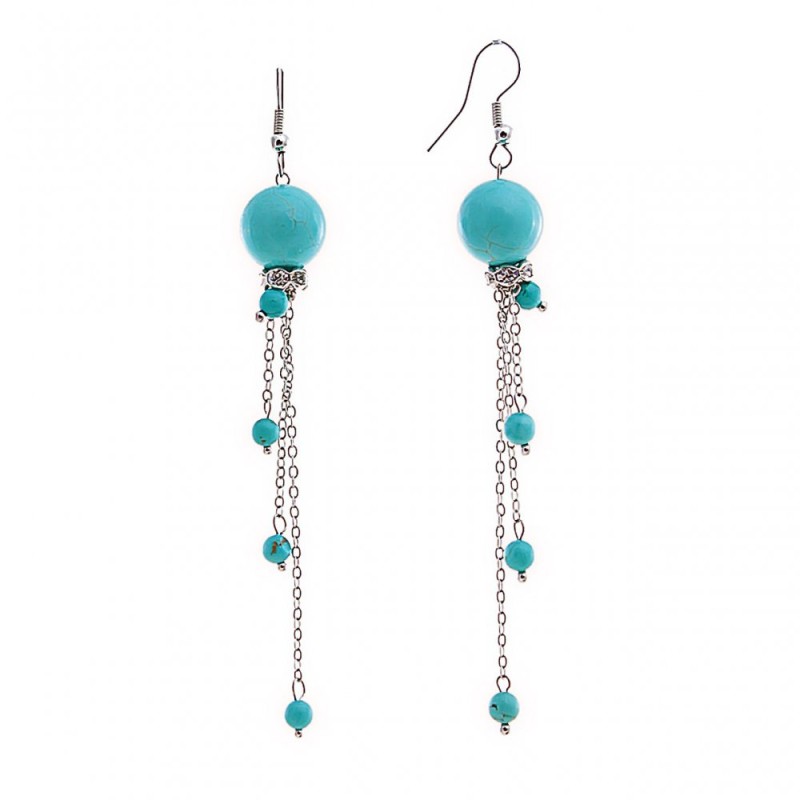 Dangle earrings with blue turquoise (pressed) and rhinestones on chains, silver-plated metal, 95mm