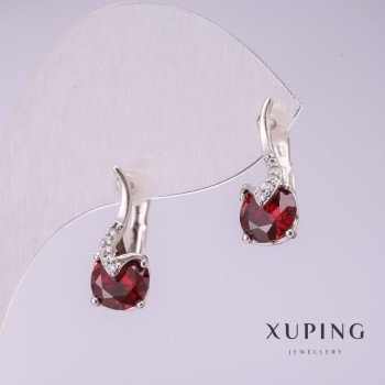 Xuping Earrings with Red Stones, 17x7 mm, Rhodium