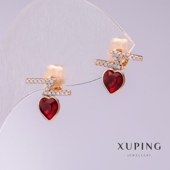 Xuping Heart-Shaped Stud Earrings with Red Stones, 12x11 mm, Gold-Plated