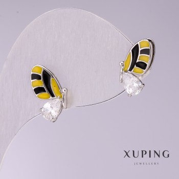 Xuping Butterfly Earrings with Yellow and Black Enamel and White Stones, 14x8 mm, Rhodium Plating