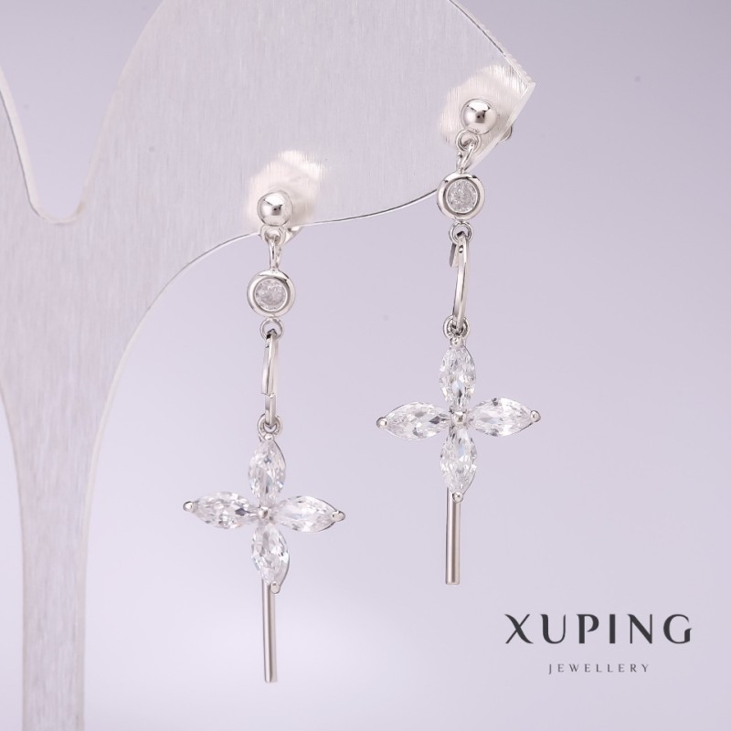 Xuping Earrings 'Flowers with White Stones' 40x13mm Rhodium-Plated
