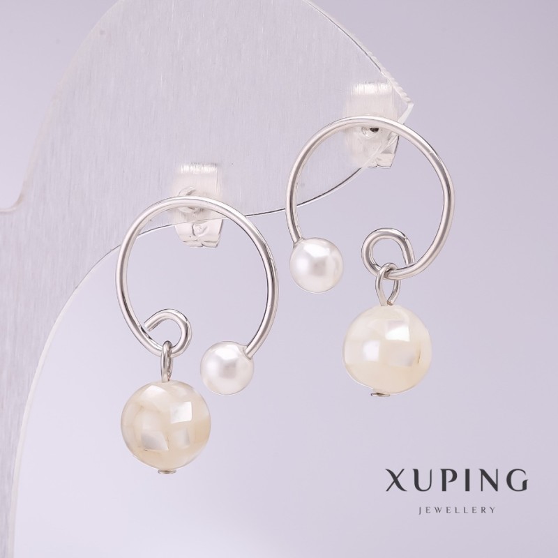 Xuping Hoop Earrings with Mother-of-Pearl Beads, 17x23 mm, Rhodium