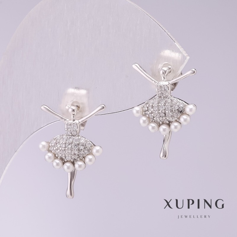 Earrings Xuping Ballerina with White Majorca Pearls 18×12 mm Rhodium-Plated