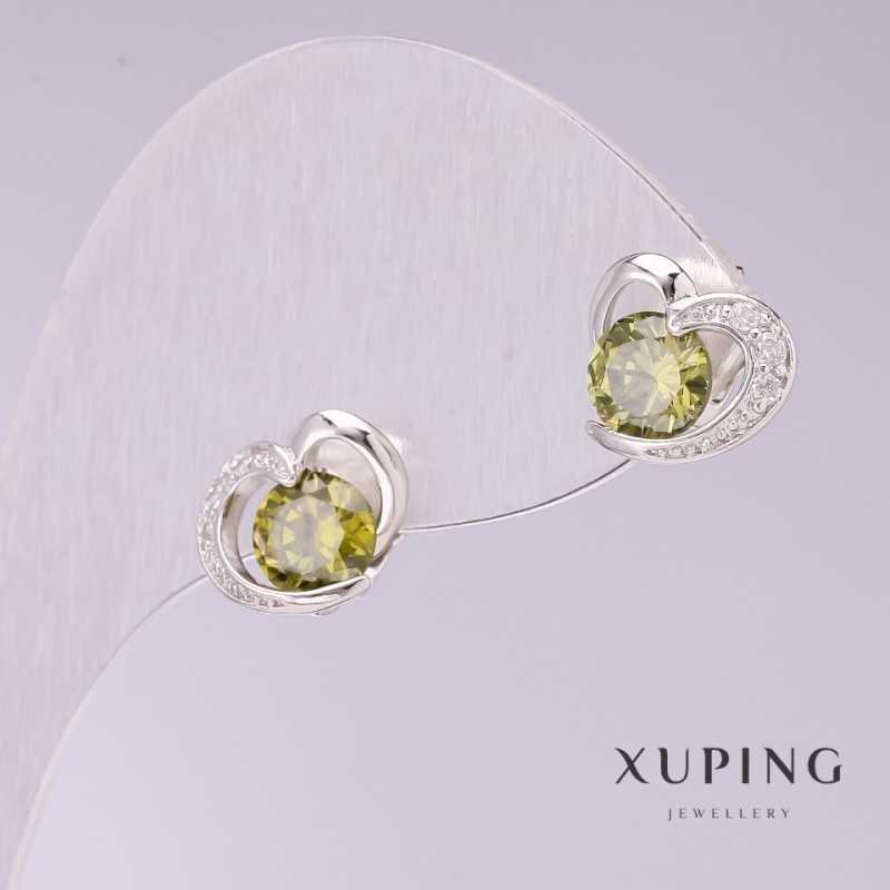 Xuping Earrings 'Hearts with Green Stones' 9x11mm Rhodium