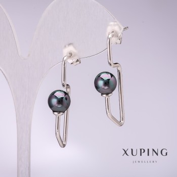 Xuping Earrings with Black Mallorca Pearls 34x8 mm Rhodium-plated