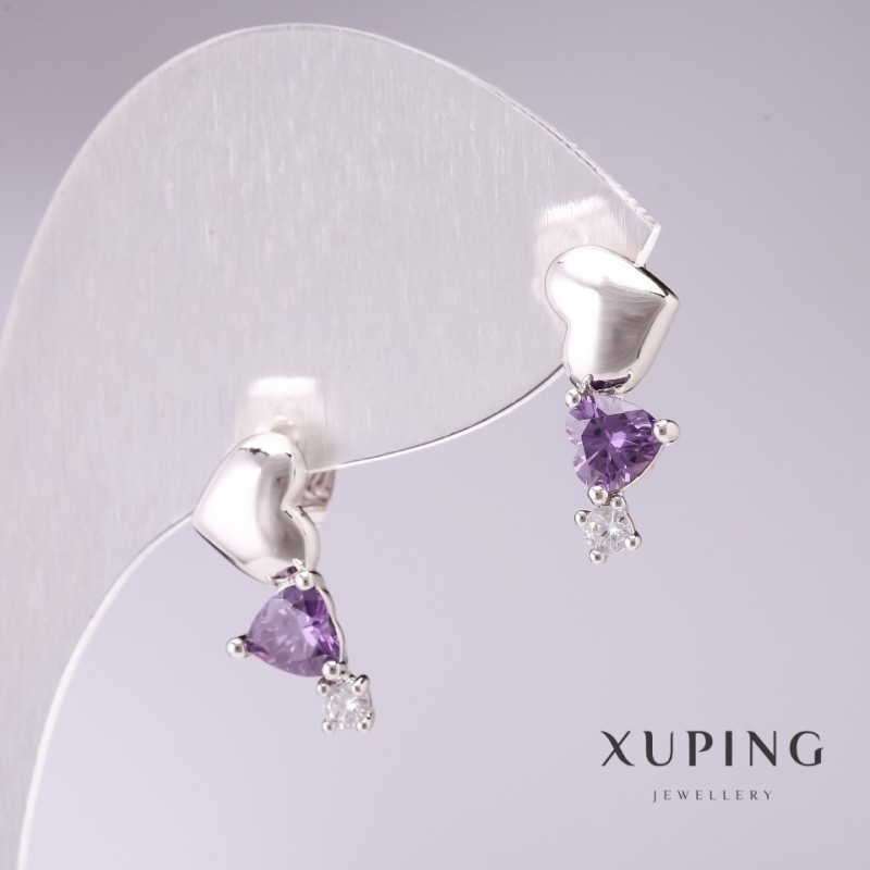 Xuping Earrings Garland of Hearts with Lavender Stones 17x7mm Rhodium-plated