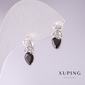 Xuping Earrings with Black Stones 15x5mm Rhodium