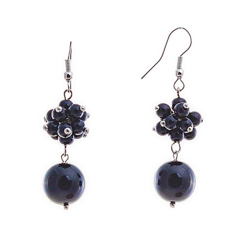 Drop earrings with small and large black agate, silver-plated metal, 40 mm