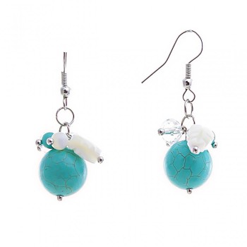 Drop earrings with colorful small beads and a large turquoise cabochon (pressed), silver-plated metal, 40mm