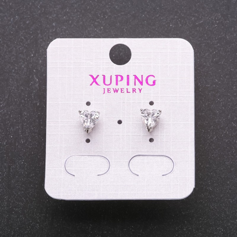 Xuping heart-shaped rhodium-plated stud earrings with white stones, 6×7 mm