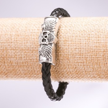 Skull Eco-Leather Braided Bracelet, Black, 20 cm