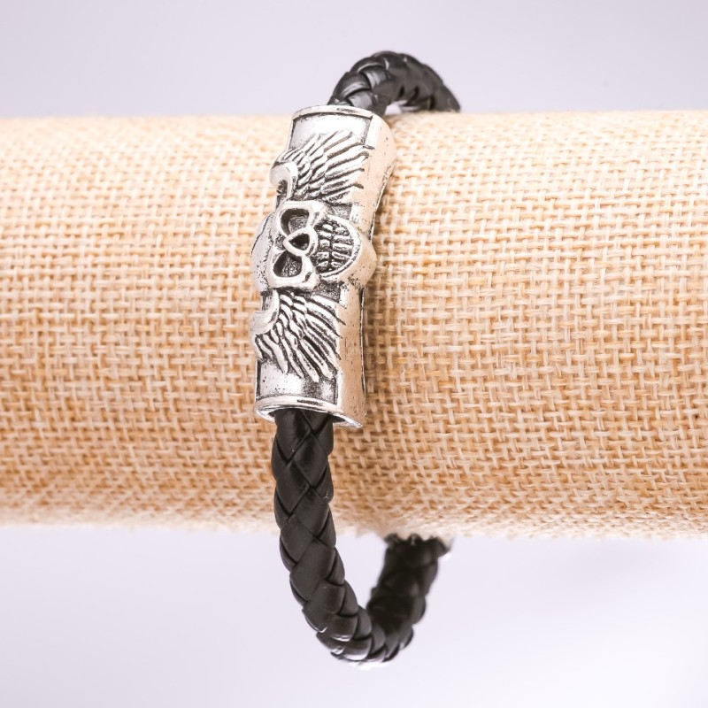 Skull Eco-Leather Braided Bracelet, Black, 20 cm