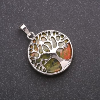 Pendant made of natural Unakite heliotrope in a wooden frame 'Tree', diameter 27mm