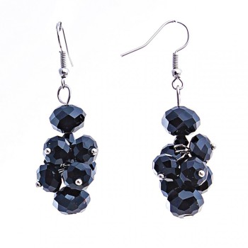 Drop earrings with black faceted stones, silver-plated metal, 50 mm