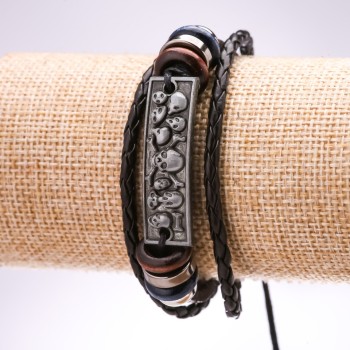 Black Eco-Leather Skull Bracelet with Adjustable Length, 18-24 cm, Black