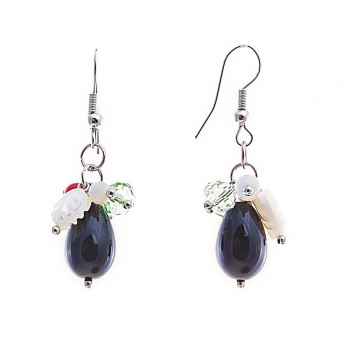 Elegant drop earrings with pendants, quartz, crystal, coral, and agate (pressed), silver-toned metal, 40 mm