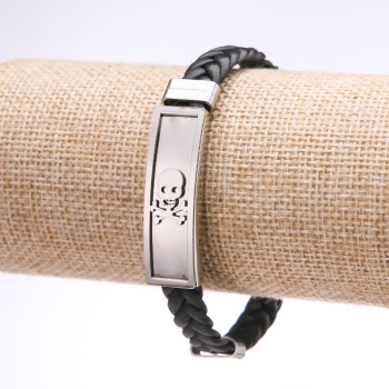 Unisex Skull Bracelet with Eco-Leather Braided Strap and Steel Plate, 12 mm thick, 20 cm long