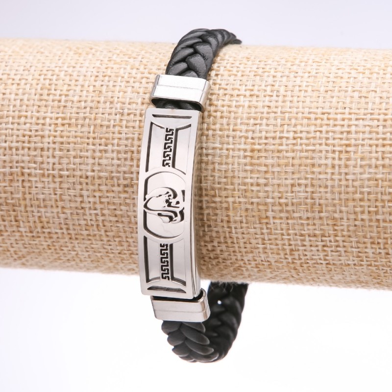 Unisex bracelet with Greek ornament, eco-leather braid, steel plate, 12 mm thick, 20 cm long