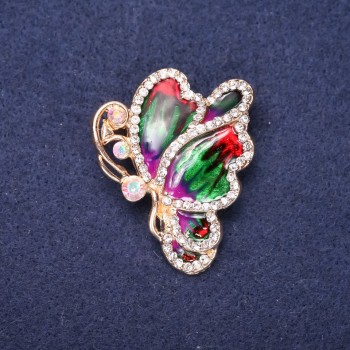 Sale! Butterfly Brooch with White Crystals and Red, Green, and Purple Enamel, 40×33 mm Yellow Metal