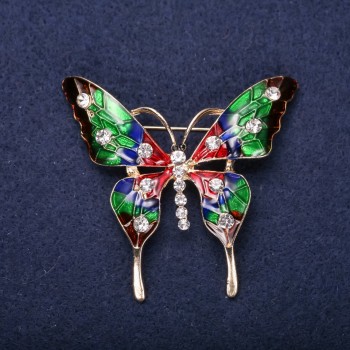 Sale! Butterfly Brooch with White Crystals, Red, Green, Burgundy Enamel, 49x53 mm, Yellow Metal