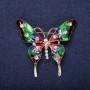 Butterfly Brooch with White Crystals and Red, Green, Burgundy Enamel, 49x53 mm Yellow Metal