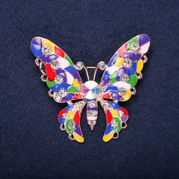 Sale! Domino Butterfly Brooch with enamel and crystals in yellow, red, blue, green, and white, 46×51 mm yellow metal